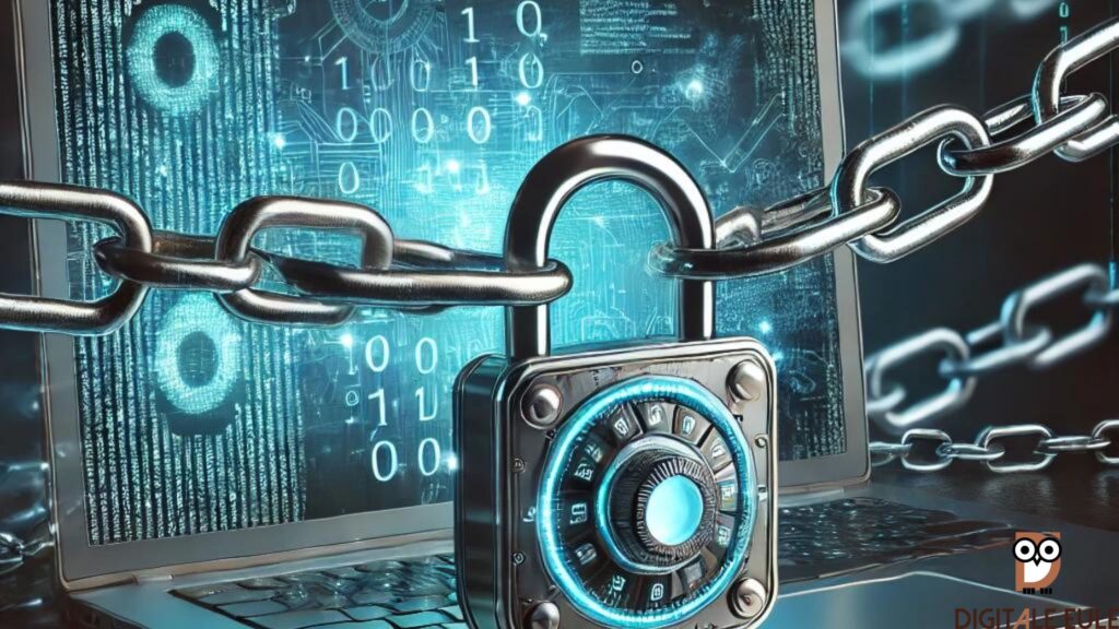 Ein verschlüsselter Laptop mit Zahlenschloss und Ketten steht sinnbildlich für den sicheren Umgang mit Passwörtern und digitalen Daten.