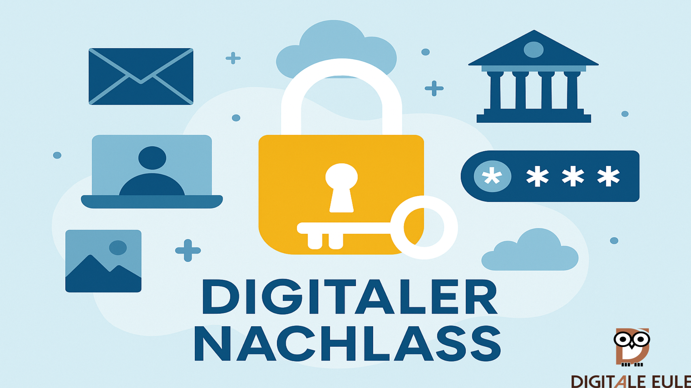 Illustration zum digitalen Nachlass: Ein zentrales, goldenes Vorhängeschloss mit Schlüssel ist von Symbolen für E-Mail, Cloud, Passwort, Fotos, soziale Netzwerke, Dokumente und Bankkonten umgeben. Das Bild steht für den sicheren Umgang mit digitalen Vermögenswerten.
