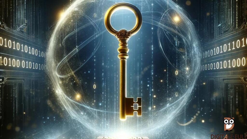 Goldener Schlüssel schwebt über einer Computer-Tastatur, umgeben von leuchtenden Datenströmen – Sinnbild für digitalen Zugang und Sicherheit